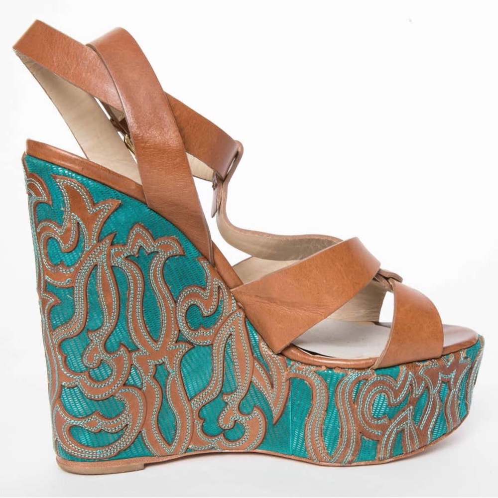 Etro leather Turquoise and brown wedges